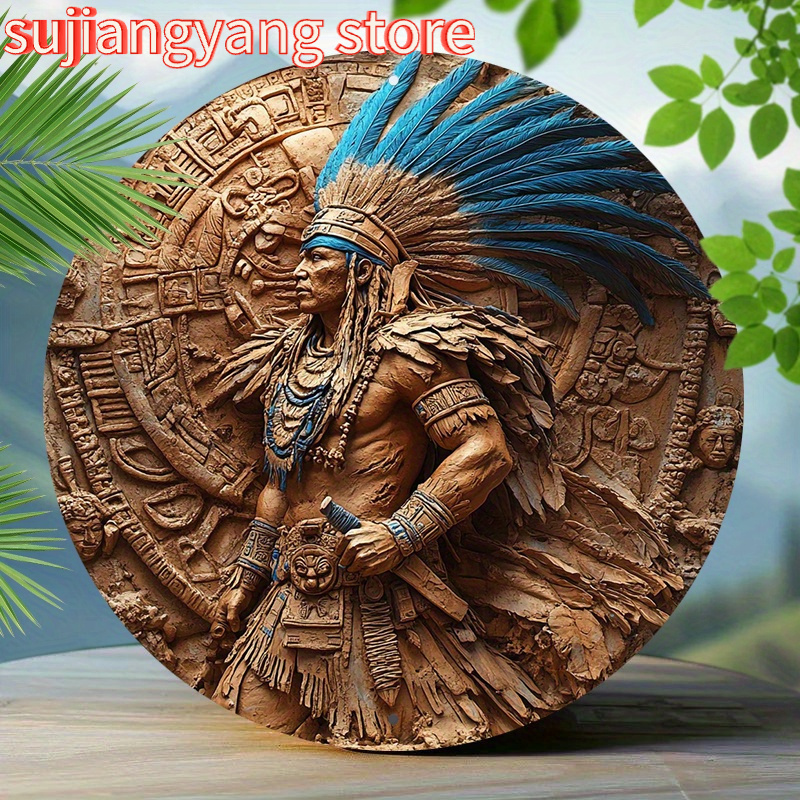 Home Bar Cafe - 1pc Aztec Warrior 8-Inch Round Aluminum